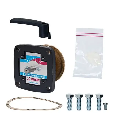 Reparatur-Einsatz von ESBE mit Handhebel, einem Viertelkreis-Mechanismus, Dichtungsring, Schrauben und einer kleinen Packung mit Zusatzmaterial.